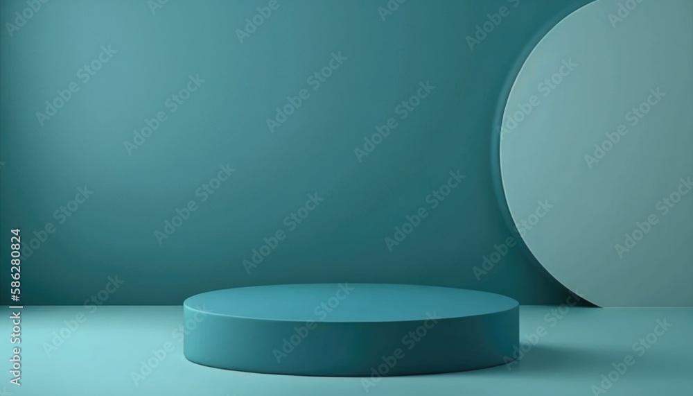 Empty podium, mock up placement display, blank beauty stand for cosmetic product fashion ads on minimal turquoise color background. Luxury pedestal stage mockup scene platform ai generative concept. Empty podium, mock up placement display, blank beauty stand for cosmetic product fashion ads on minimal turquoise color background. Luxury pedestal stage mockup scene platform ai generative concept.