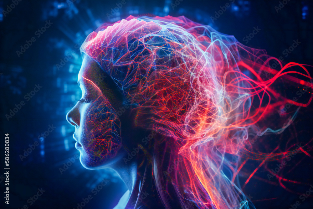 Illustration of a colorful woman head. Meditation, higher consciousness and transcendental concept. Created with Generative AI technology.