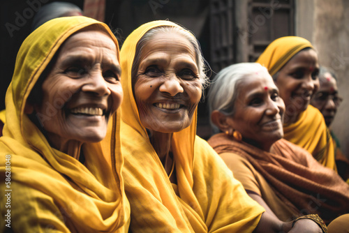 A group of smiling old women dressed in yellow. Created with Generative AI technology.