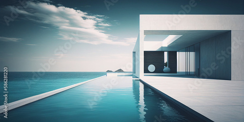 Luxury modern villa with pool and ocean on horizon background Generative AI © SKIMP Art