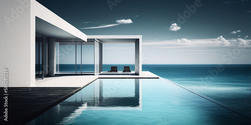 Luxury modern villa with pool and ocean on horizon background Generative AI © SKIMP Art