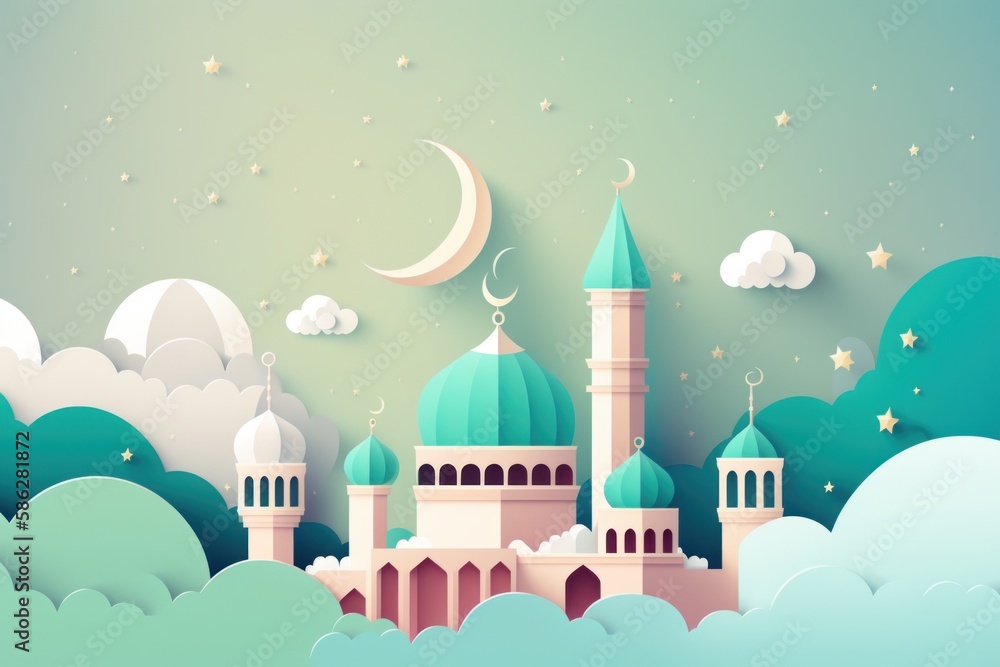 Ramadan Kareem background with mosque and moon. Paper art style. Generative AI illustration. Ramadan Kareem background with mosque and moon. Paper art style. Generative AI illustration.