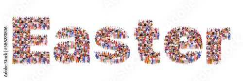Large group of people in form of Easter word. A crowd of male and female characters for web page, banner, presentation, social media. Flat vector illustration isolated on white background.