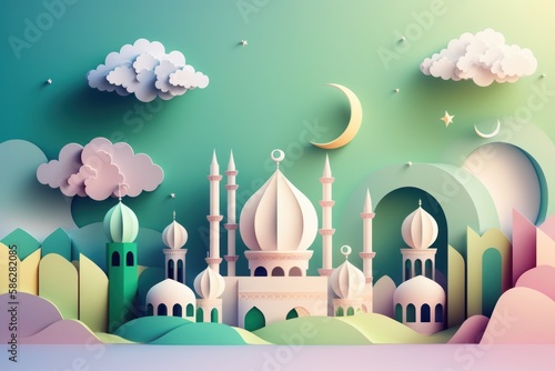 Paper art style Ramadan Kareem background with mosque and clouds. Generative AI illustration. photo