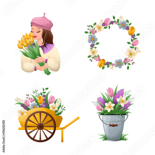 Set of illustrations with spring theme. Delicate pictures with flowers. Gardening, floristry and flower girl. Flat vector illustration.