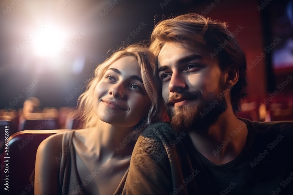 A couple happily in love watching a movie in the cinema.  Composite with different elements made with generative AI