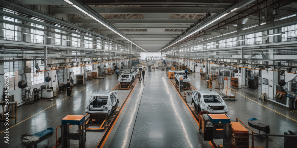 Obraz premium interior of a modern automotive factory with a car assembly line - Generative AI