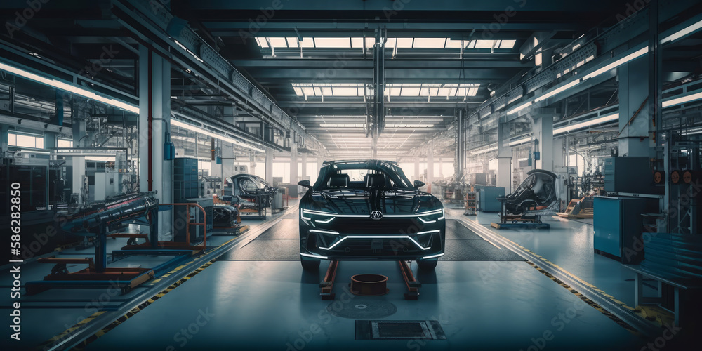 Advanced Technology and Automation in Modern Car Manufacturing. Interior of modern vehicle assembly line factory - Generative AI Advanced Technology and Automation in Modern Car Manufacturing. Interior of modern vehicle assembly line factory - Generative AI