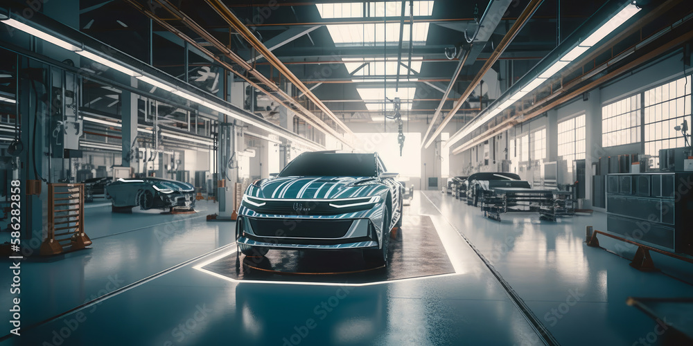 Advanced Technology and Automation in Modern Car Manufacturing. Interior of modern vehicle assembly line factory - Generative AI
