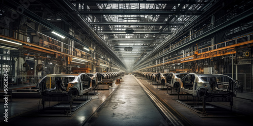 interior of a modern automotive factory with a car assembly line - Generative AI © Bartek