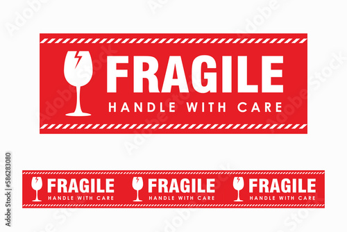 Red fragile warning label, fragile label with broken glass symbol, vector sticker fragile handle with care.