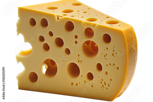 a food-themed illustration featuring an isolated block of swiss cheese set on a transparent background and provided in PNG. Generative AI