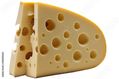 a food-themed illustration featuring an isolated block of swiss cheese set on a transparent background and provided in PNG. Generative AI