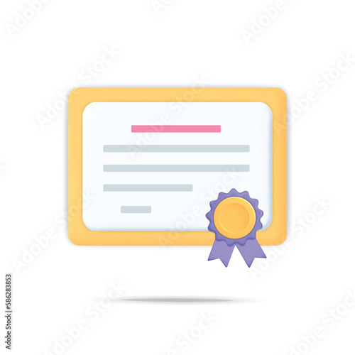 3d vector license certificate paper document or diploma education icon with medal stamp symbol with ribbon
