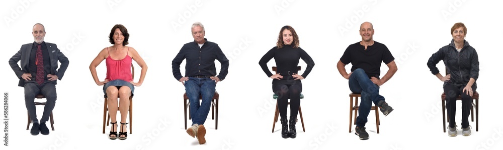 Obraz premium group of people sitting on chair with arms akimbo on white background