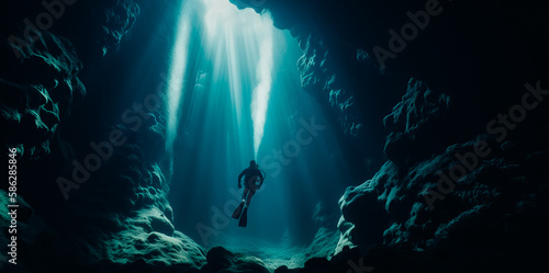 An illustration of a scuba diver in silhouette descending into a deep underwater cave, emphasizing the courage and skill required to explore the unknown depths