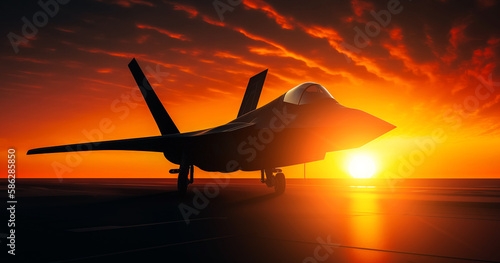 An illustration of an invisible fighter jet silhouetted against the sunrise 1