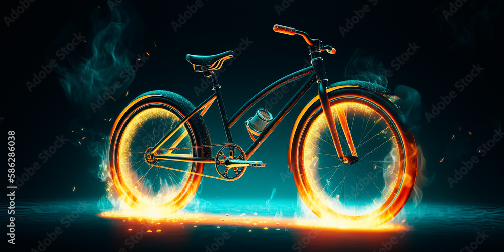 Fototapeta premium Burning Bicycle in silhouettes on white background. Fire and energy