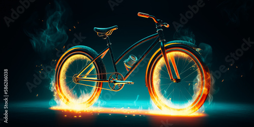 Burning Bicycle in silhouettes on white background. Fire and energy