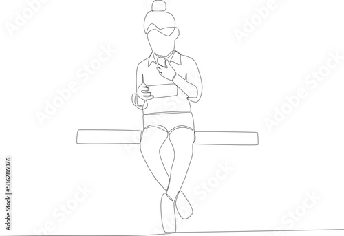 A woman sitting and enjoying her lunch. Lunch at school one line drawing