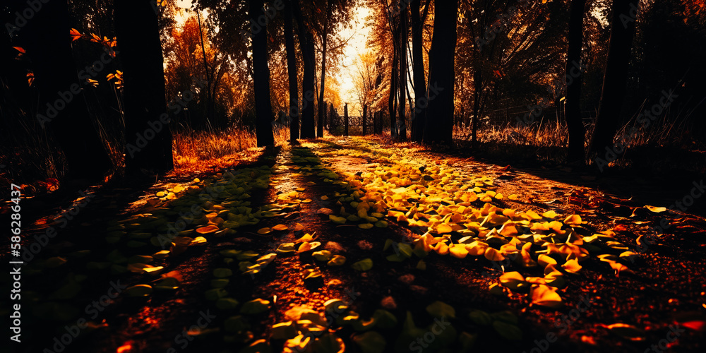 Forest trees with sidewalk of fallen leaves