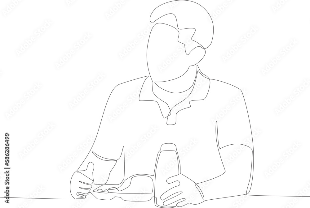A man eating while talking with his friend. Lunch at school one line drawing