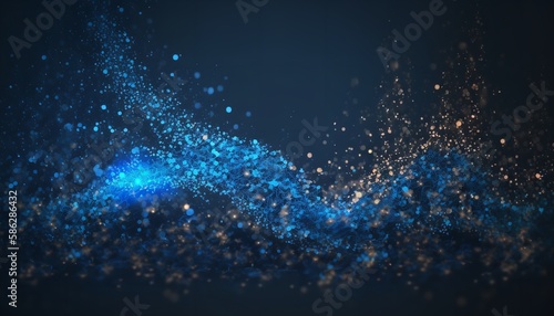 Dark, abstract backdrop with gold glitter, shimmering dust, and bright lighting particles in the blurry background. Generative Ai.