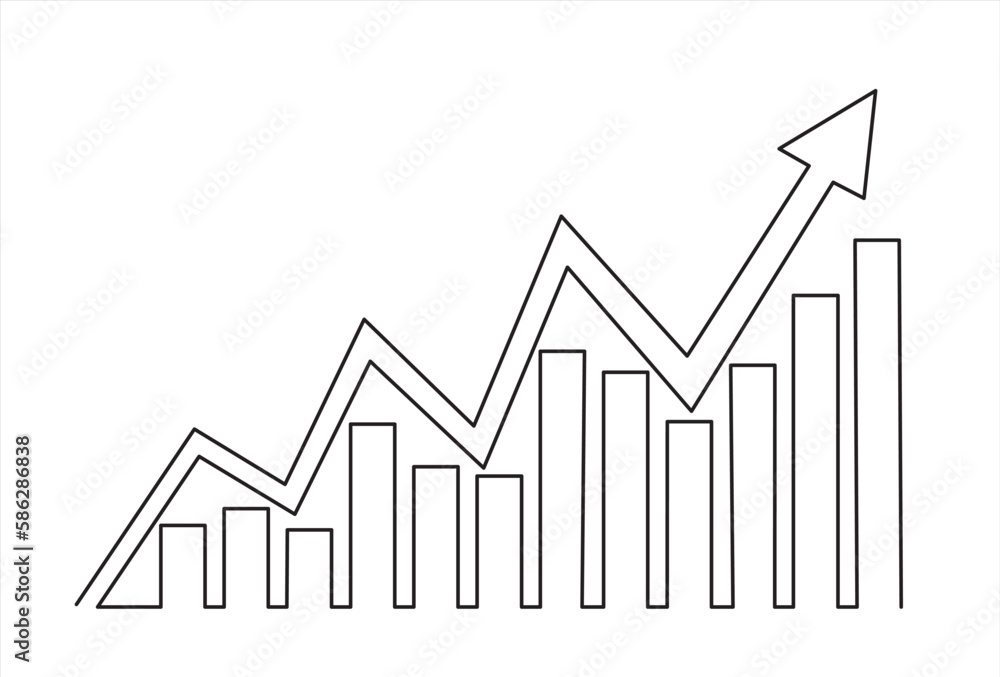 Single one line drawing of increasing up arrows bar graph sign. Business financial sales market growth performance minimal concept. Modern continuous line draw design graphic vector illustration Single one line drawing of increasing up arrows bar graph sign. Business financial sales market growth performance minimal concept. Modern continuous line draw design graphic vector illustration