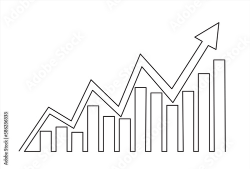 Single one line drawing of increasing up arrows bar graph sign. Business financial sales market growth performance minimal concept. Modern continuous line draw design graphic vector illustration