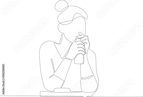 A girl drinking a bottle of milk. Lunch at school one line drawing