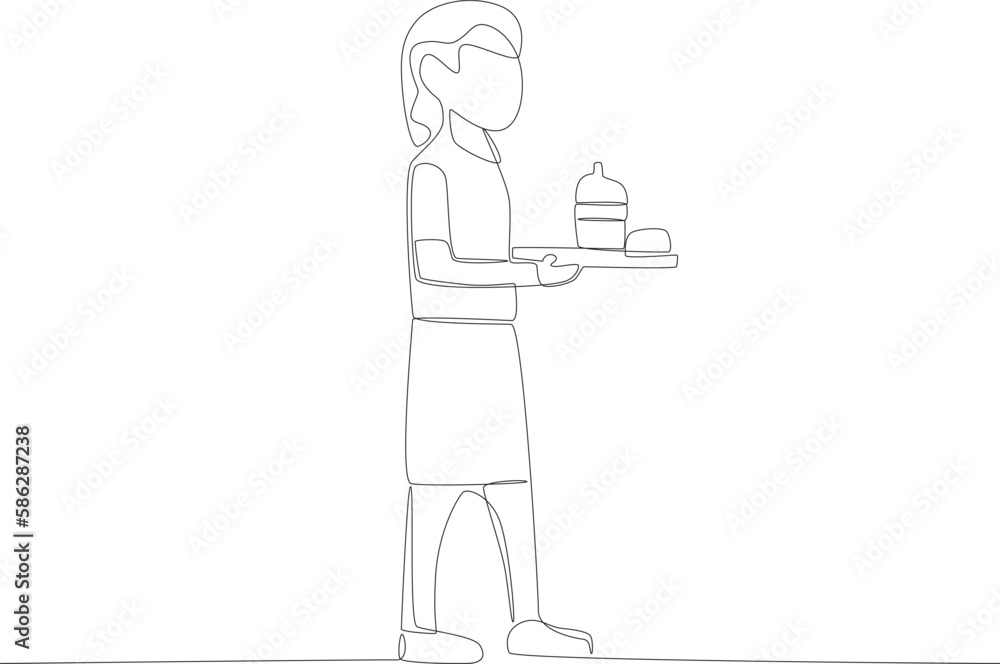 A girl brings a sandwich and a bottle of water from the canteen. Lunch at school one line drawing