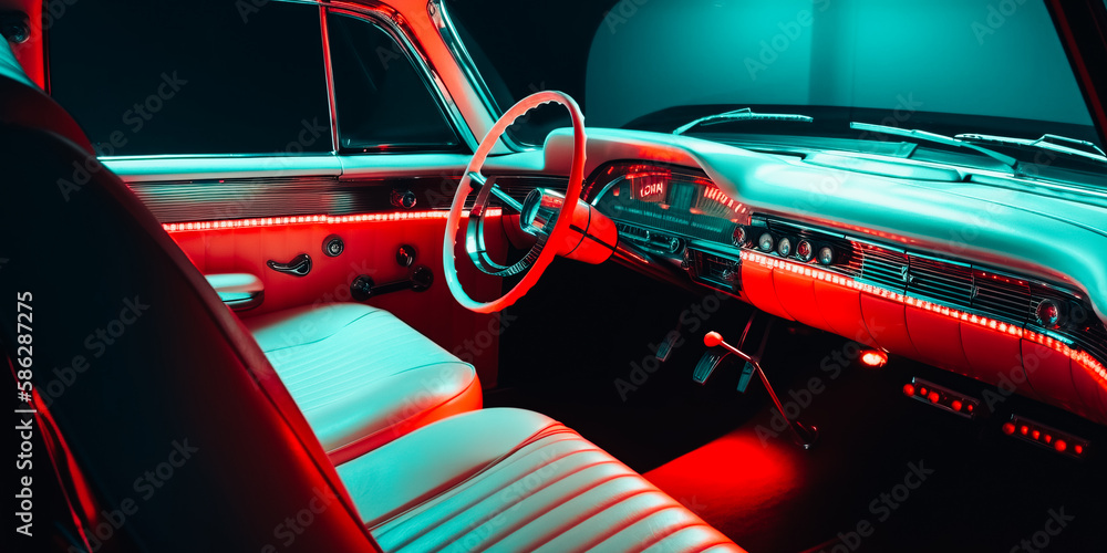 Naklejka premium Red leather interior of vintage car
