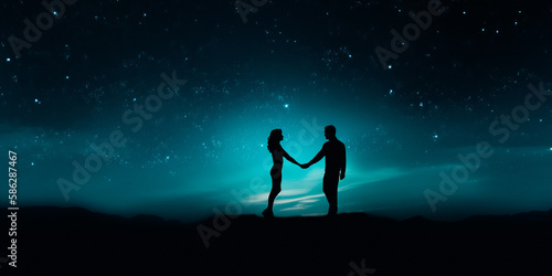 Silhouette couple man and woman holding hand together under evening sky with stars background