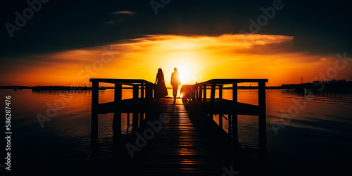 Silhouette of couple walking on pier at sunrise