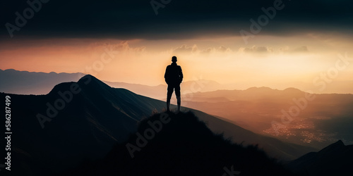 Silhouette of man standing on the mountain © v.senkiv
