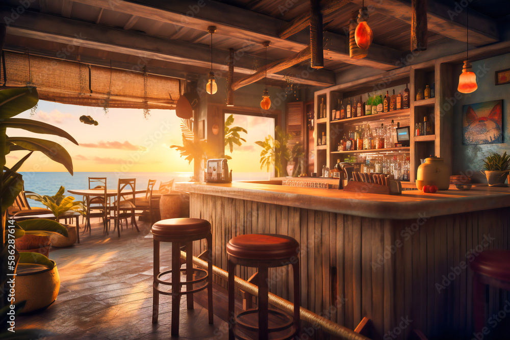 A beachfront bar with tropical drinks and sunset views