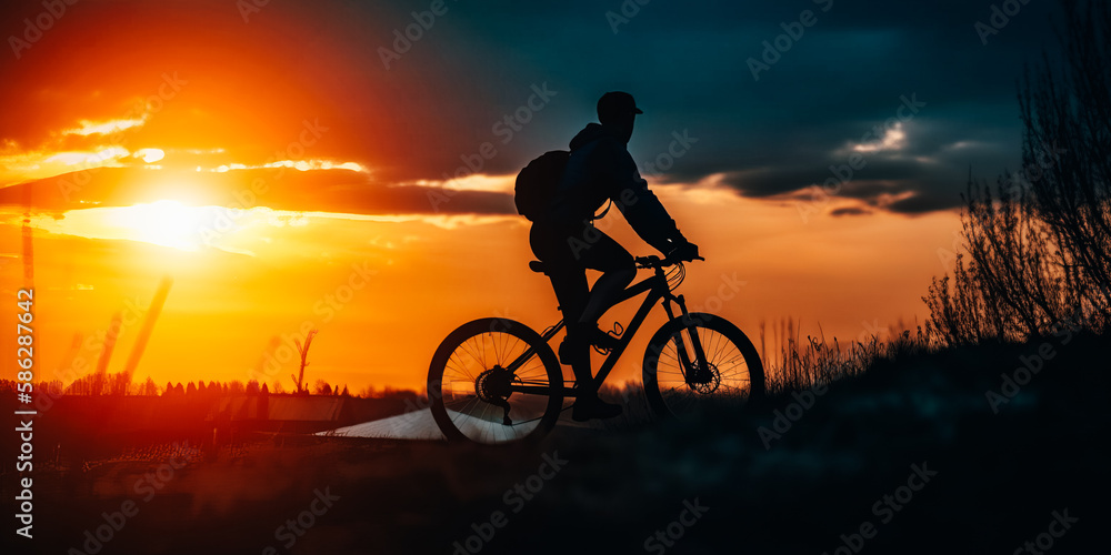 The cyclist rides on his bike at sunset