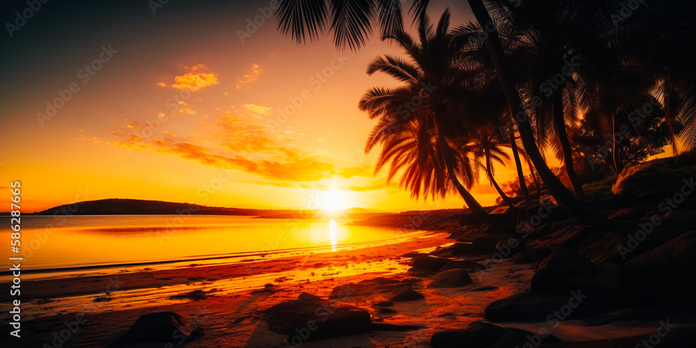 Sunset with palm trees on the beach