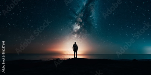 Starry night sky over sea and beach with man silhouette