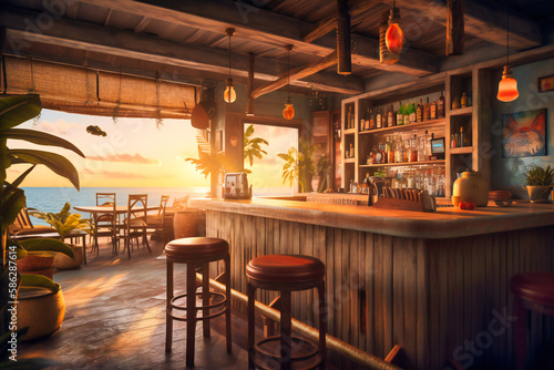A beachfront bar with tropical drinks and sunset views