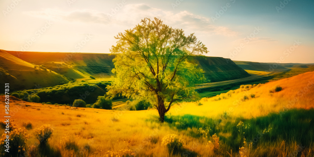 Obraz premium Willow in a flowering meadow on a sunny summer day