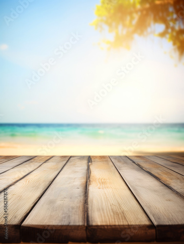 Empty Wooden table for you product space  stock promotion photography  background  tropical beach . ai generative