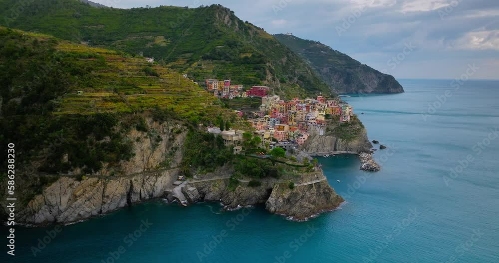 Town of Manarola Cinque Terre Italy Liguria famous historic town of colorful houses on the cliffs of Mediterranean Sea Drone view Town of Manarola Cinque Terre Italy Liguria famous historic town of colorful houses on the cliffs of Mediterranean Sea Drone view