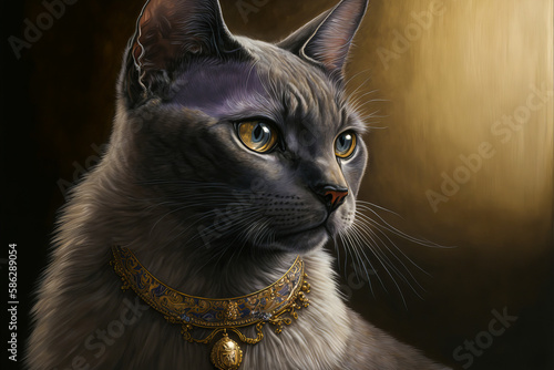 Cat with piercing and intelligent eyes in an elegant pose. Realistic, muted gray color palette revealing sophisticated details for a noble and royal animal. Generative AI