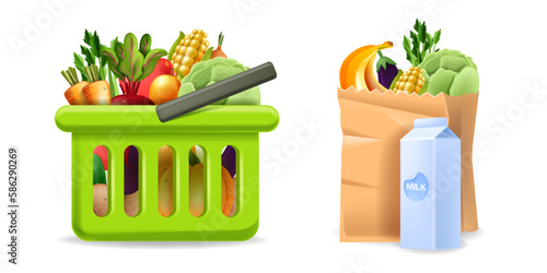 3D grocery shopping basket, vegan supermarket food icon, vector organic goods delivery, vegetables. Fresh greenery market, natural healthy meal, paper bag, milk pack. Grocery basket illustration