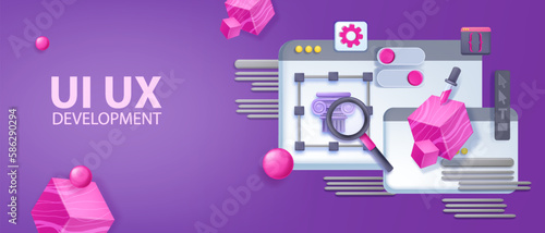 3D UX design banner, browser screen, UI web page, vector program interface concept. Visual creative content background, tools panel, tablet menu program development. UX design abstract process