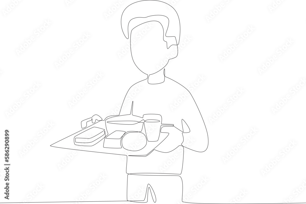 A boy brings a full menu of lunches. Lunch at school one line drawing A boy brings a full menu of lunches. Lunch at school one line drawing