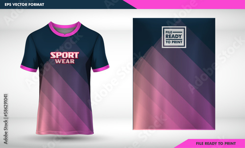 Navy and pink trasparant woman t-shirt sport design template with abstract line halftone pattern for soccer jersey. Sport uniform in front view. Tshirt mock up for sport club. Vector Illustration