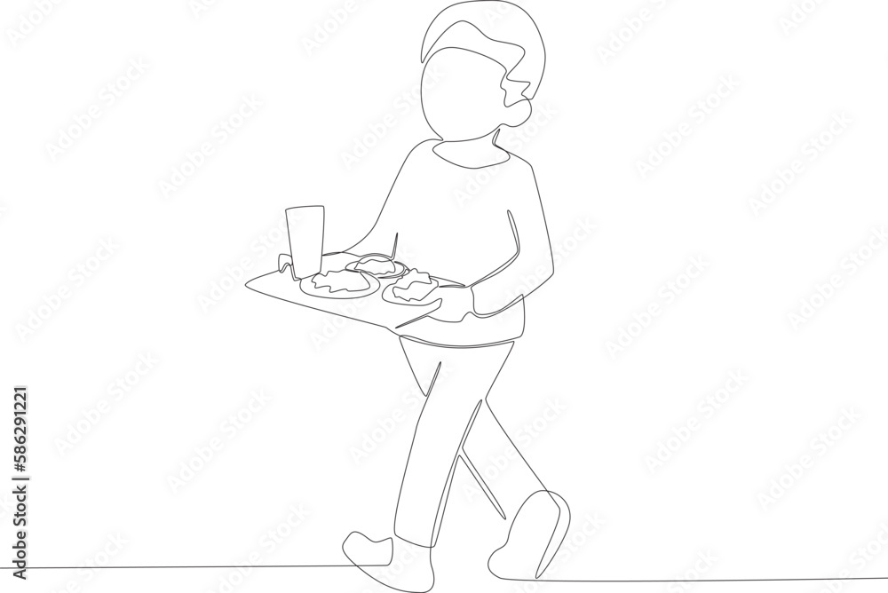 A child brings food on a tray to his table. Lunch at school one line drawing