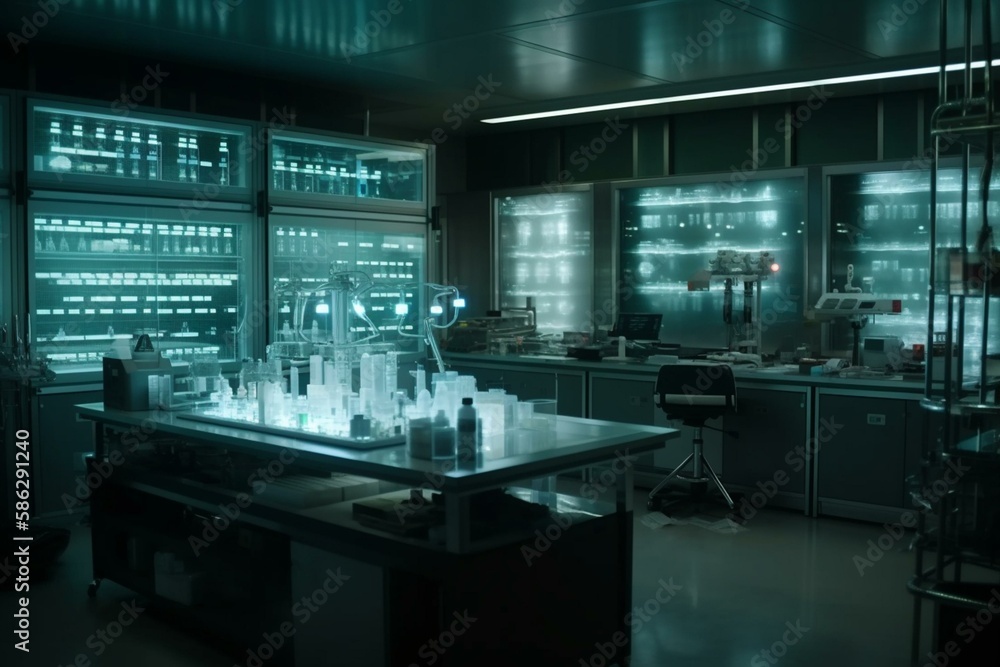 A futuristic laboratory with glowing test tubes and advanced equipment Generative AI A futuristic laboratory with glowing test tubes and advanced equipment Generative AI